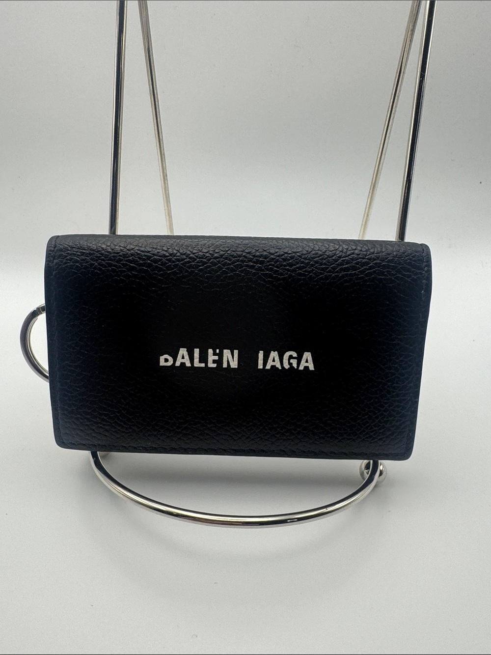 Balenciaga Black Textured Leather Key Wallet with Silver Logo